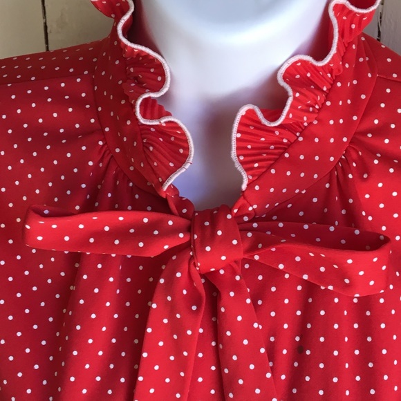 70’s Red Polka Dot Lind Clare Ruffle Tie Blouse - Picture 3 of 9